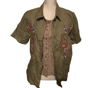 Vintage Bobbie Brooks Olive Green Embroidered Button Front Top Grannycore